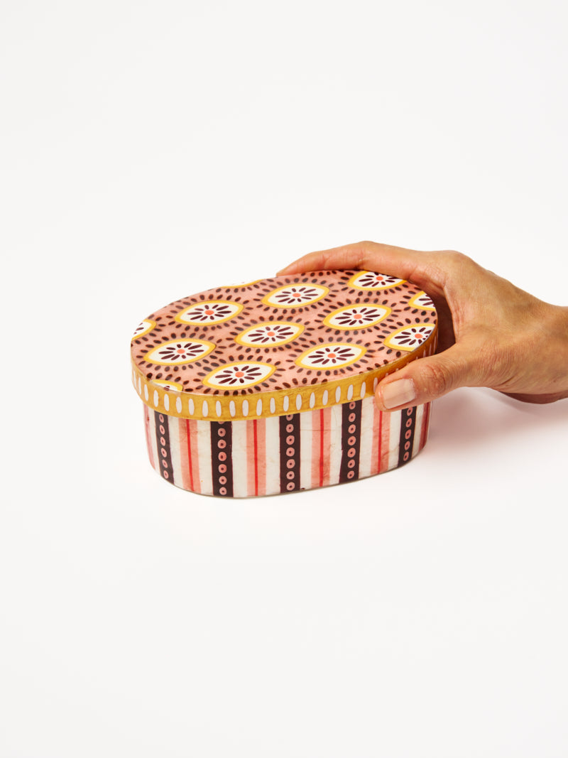 Jones & Co Samira Large Decorative Box in pink with eye design, showcasing a stylish and elegant storage container.
