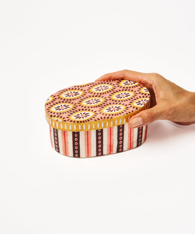 Jones & Co Samira Large Decorative Box in pink with eye design, showcasing a stylish and elegant storage container.