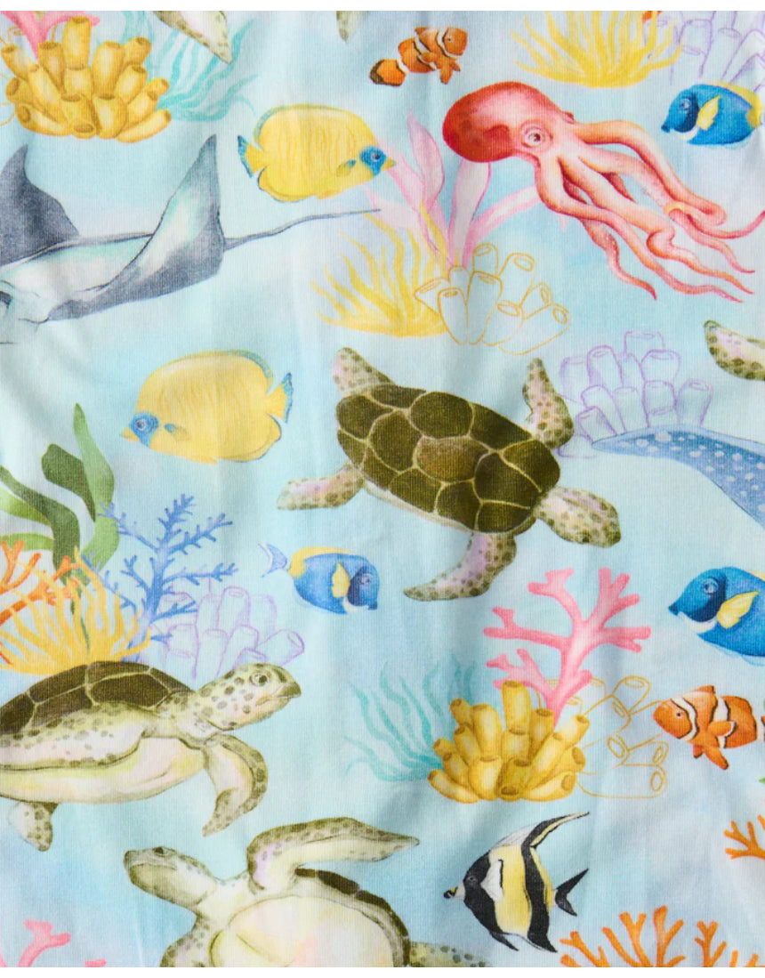 Kip & Co Reef Life short sleeve romper for babies, featuring colorful ocean-inspired print and comfortable fabric.