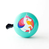 Beep unicorn bike and scooter bell in mint color with a playful unicorn design, mounted on a handlebar.
