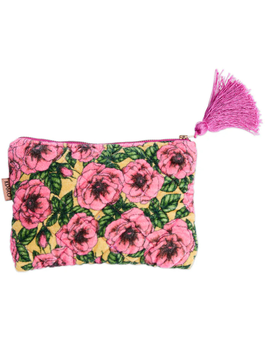 Kip & Co Golden Peony velvet cosmetic purse with gold zipper, soft floral pattern, and compact design for toiletries and makeup storage.