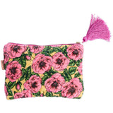 Kip & Co Golden Peony velvet cosmetic purse with gold zipper, soft floral pattern, and compact design for toiletries and makeup storage.