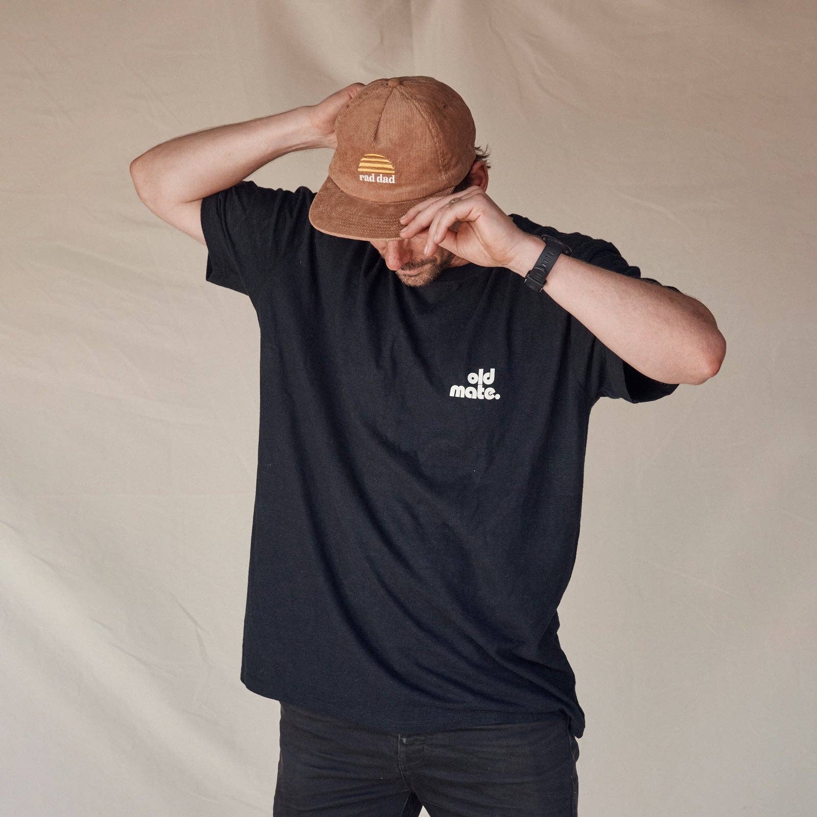 Tan Rad Dad cord cap by Banabae featuring a casual, adjustable brim and classic design, perfect for a relaxed streetwear look.