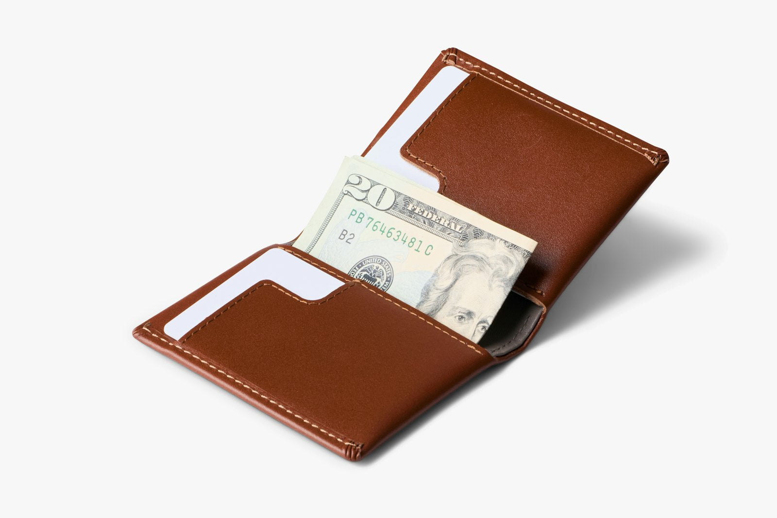 Bellroy Slim Sleeve wallet in Sienna leather showing multiple card slots and sleek design on a neutral background.