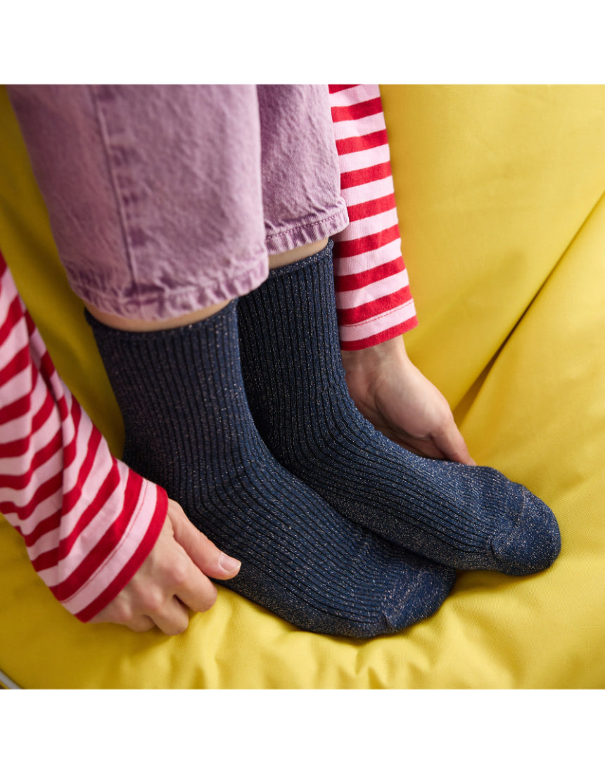 Blue Glitter Lurex Socks by Klue, stylish and sparkly socks with shimmering lurex fabric, perfect for adding a touch of glamour.