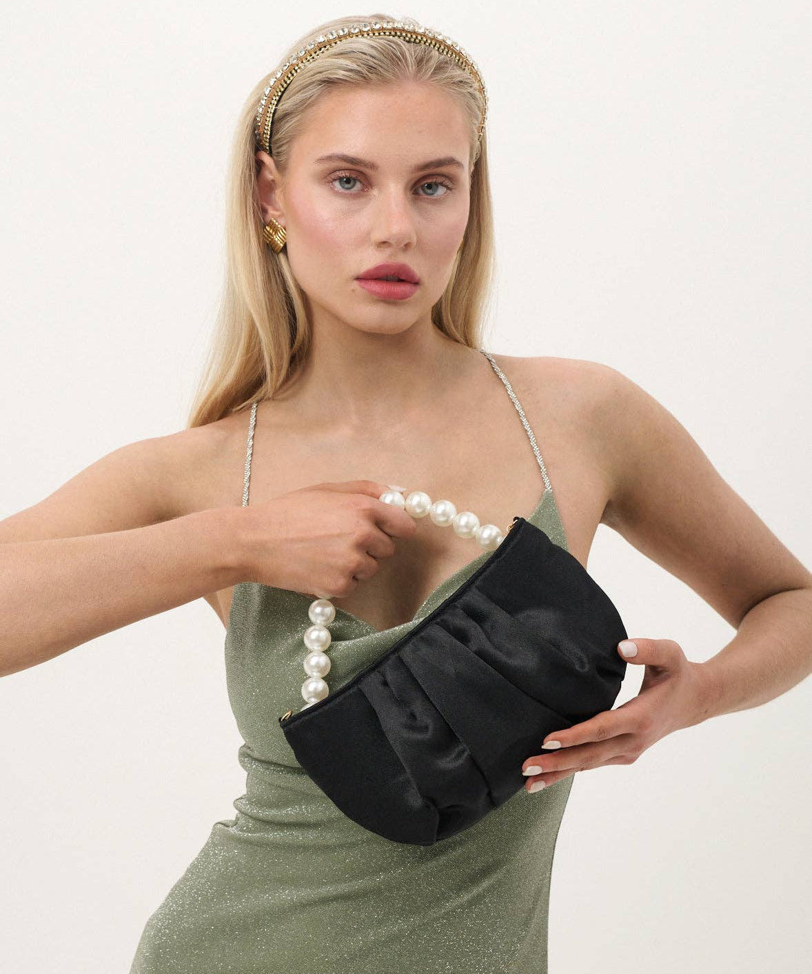 Black Victoria satin pearl strap bag by Angels Whisper Accessories with elegant design and delicate pearl accents.