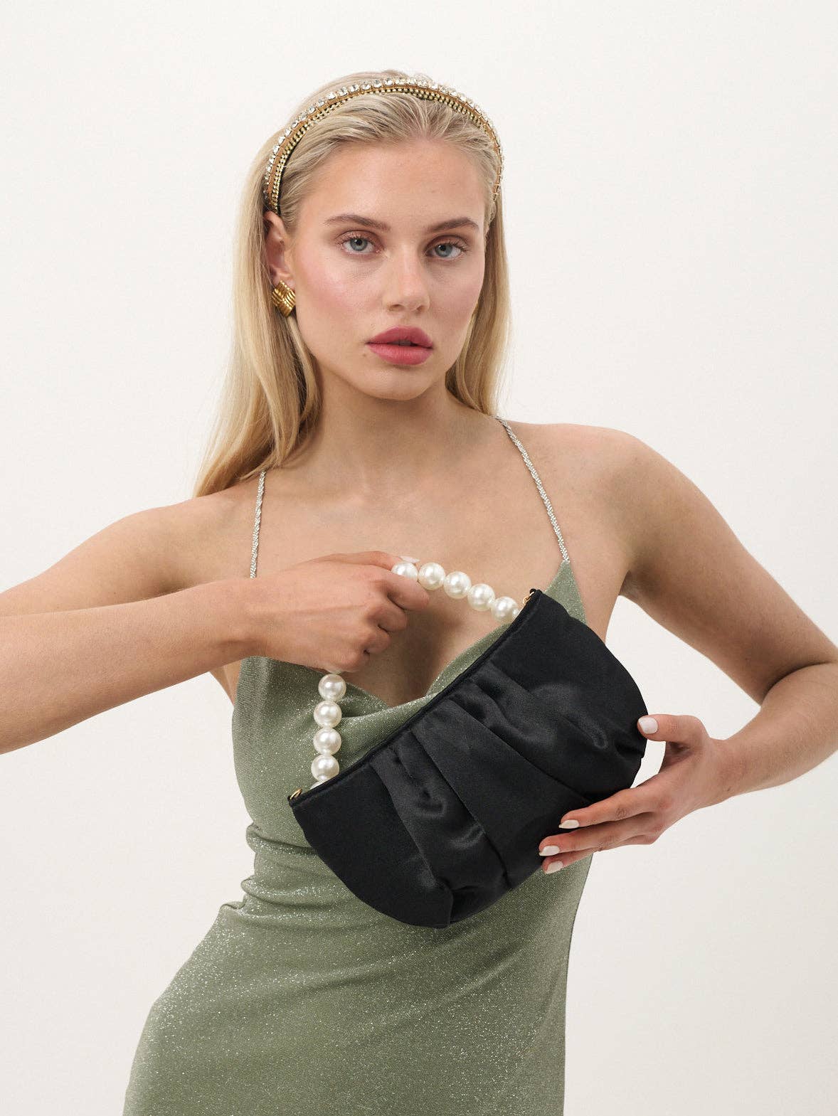 Black Victoria satin pearl strap bag by Angels Whisper Accessories with elegant design and delicate pearl accents.