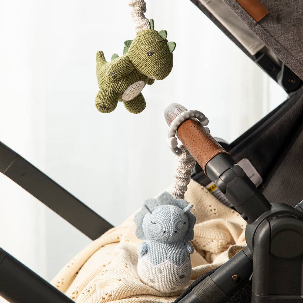 Living Textiles 2-pack dinosaur stroller toys with colorful plush dinosaurs for babies and toddlers to enjoy and explore.