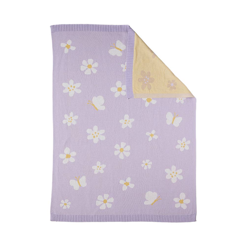 Living Textiles Pram Knitted Blanket with Lilac Daisy Dreams pattern, soft and cozy for baby strollers and cribs.