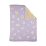 Living Textiles Pram Knitted Blanket with Lilac Daisy Dreams pattern, soft and cozy for baby strollers and cribs.