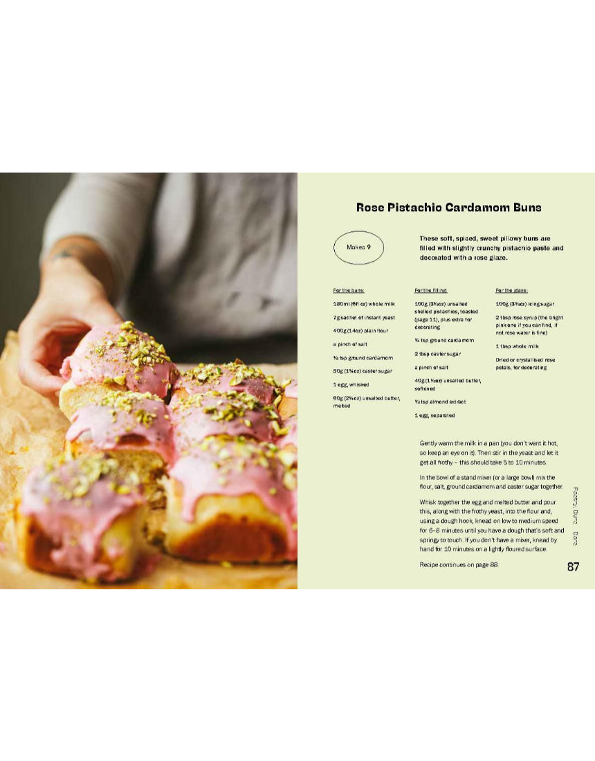 Open baking book featuring pistachio recipes and tips, with colorful pages and pistachio nut illustrations, by Brumby Sunstate.
