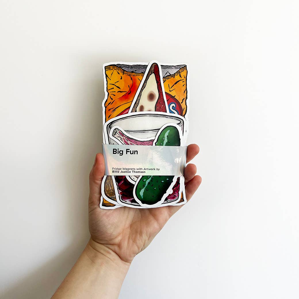 Billie Justice Thomson Big Fun Magnets featuring colorful, playful designs on a set of decorative magnets.