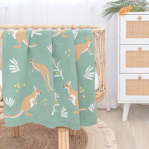 Living Textiles Australiana baby blanket featuring a kangaroo and green accents, soft and cozy for infants.