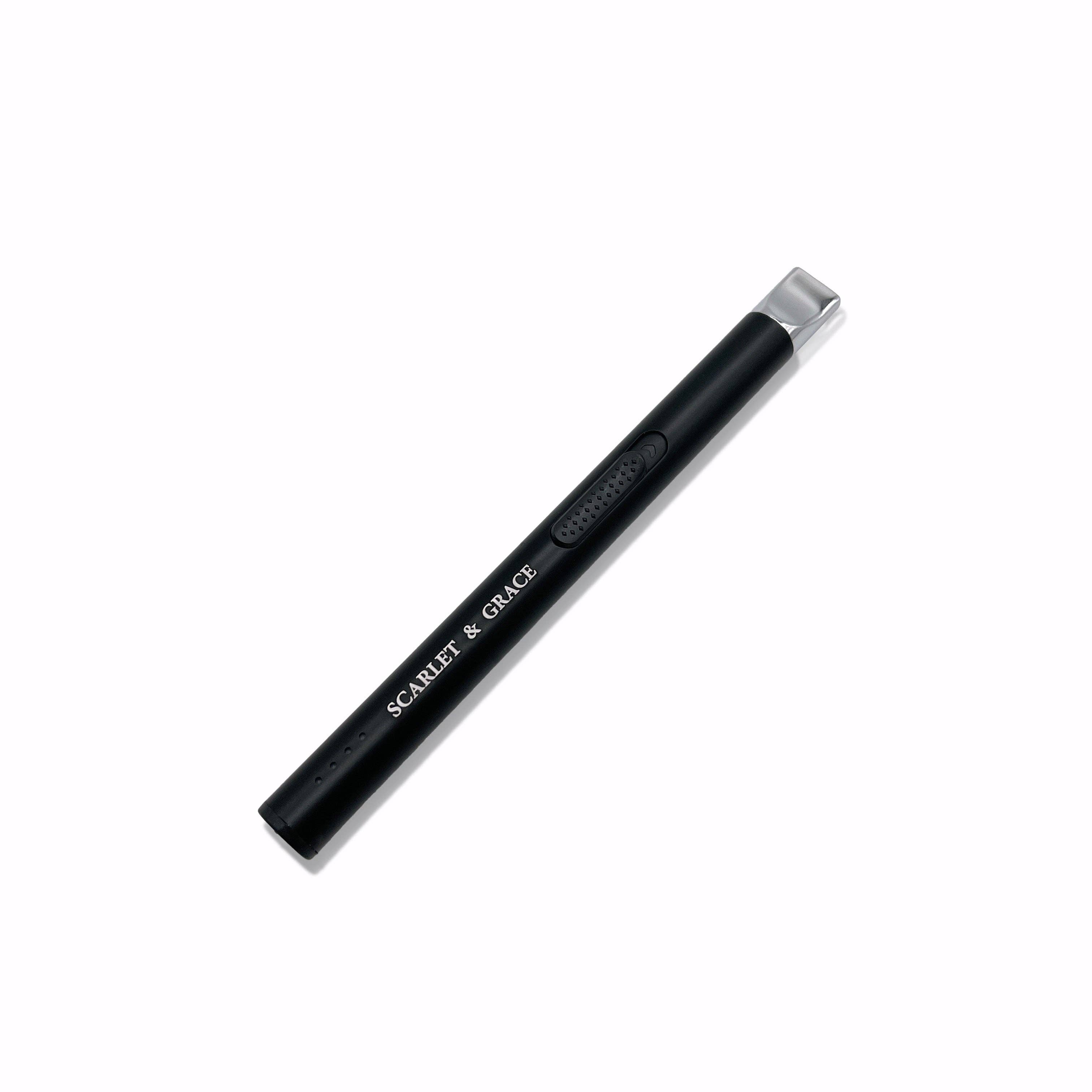 Scarlet & Grace rechargeable matte black lighter with sleek design and ergonomic grip, suitable for lighting candles and cigarettes.