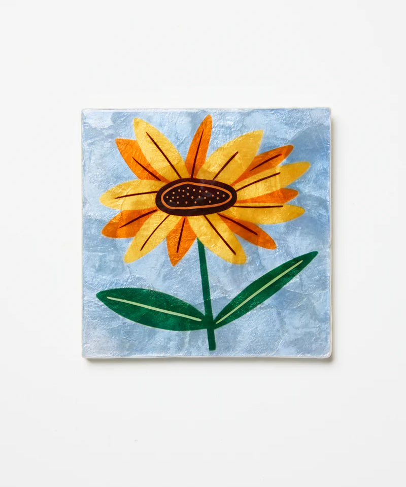 Jones & Co Superette Sunflower Tile wall decor featuring a vibrant sunflower design on a decorative ceramic tile.