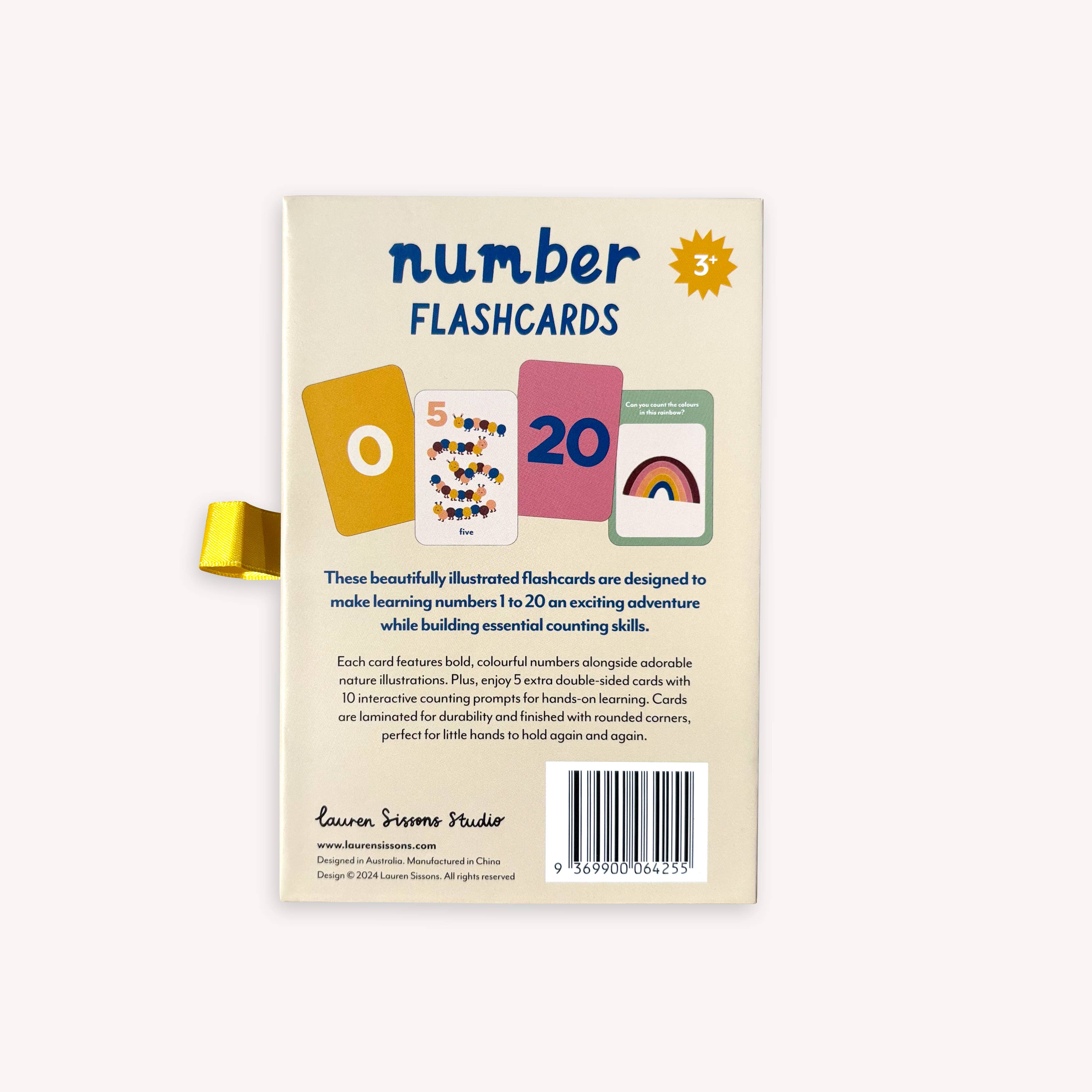Illustrated number flashcards from Lauren Sissons Studio, featuring colorful designs and numbers for early learning.