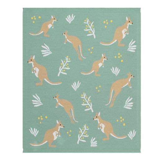 Living Textiles Australiana baby blanket featuring a kangaroo design in green, soft and cozy for infants.