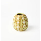 Jones & Co vintage green pollen vase with intricate floral design on tall ceramic body.