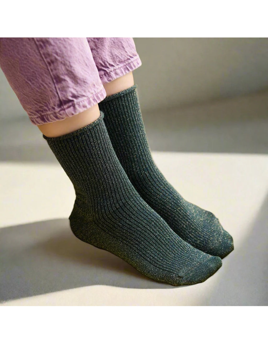 Green Klue Glitter Lurex Socks featuring shiny, sparkling fabric and comfortable fit, perfect for stylish everyday wear.