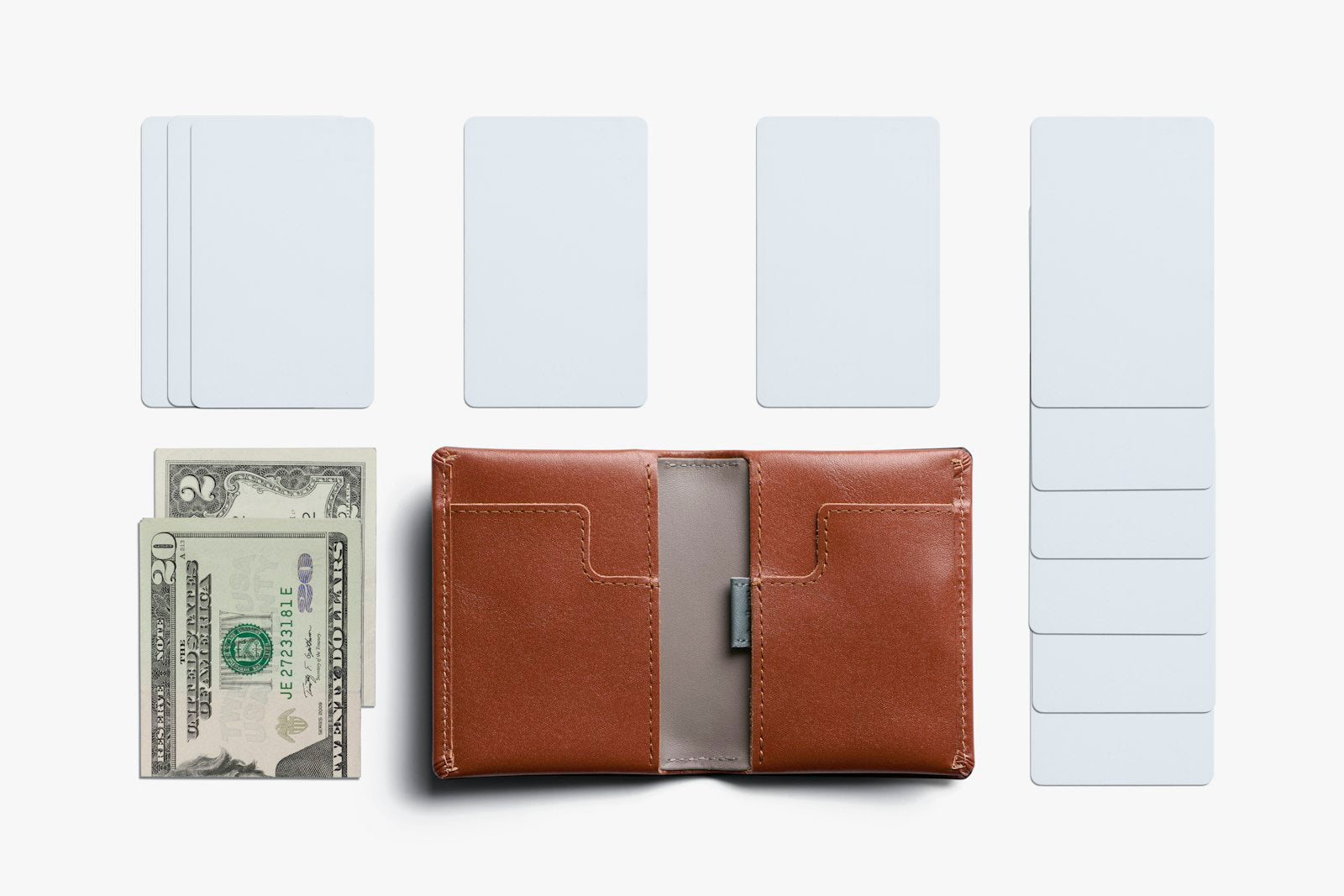 Bellroy Slim Sleeve wallet in Sienna leather with multiple card slots and a sleek, minimalist design.