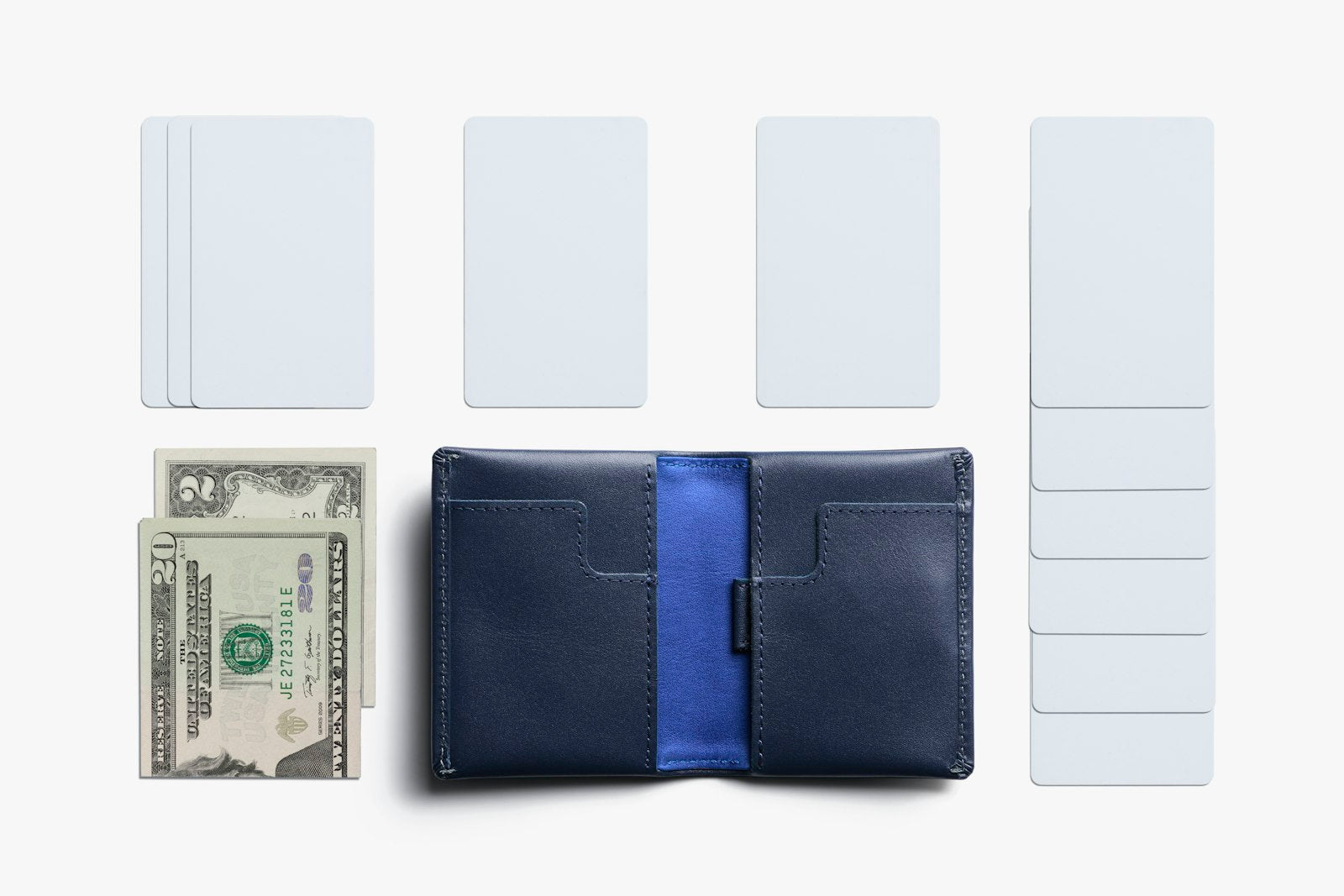 Bellroy Slim Sleeve wallet in navy showing multiple card slots and sleek leather design.