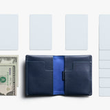 Bellroy Slim Sleeve wallet in navy showing multiple card slots and sleek leather design.