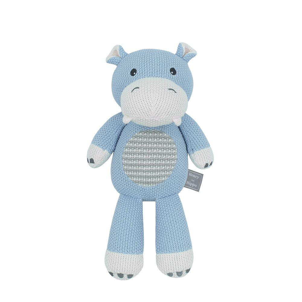 Living Textiles Henry the Hippo knitted toy, soft and plush stuffed animal with a friendly face and textured knit details.