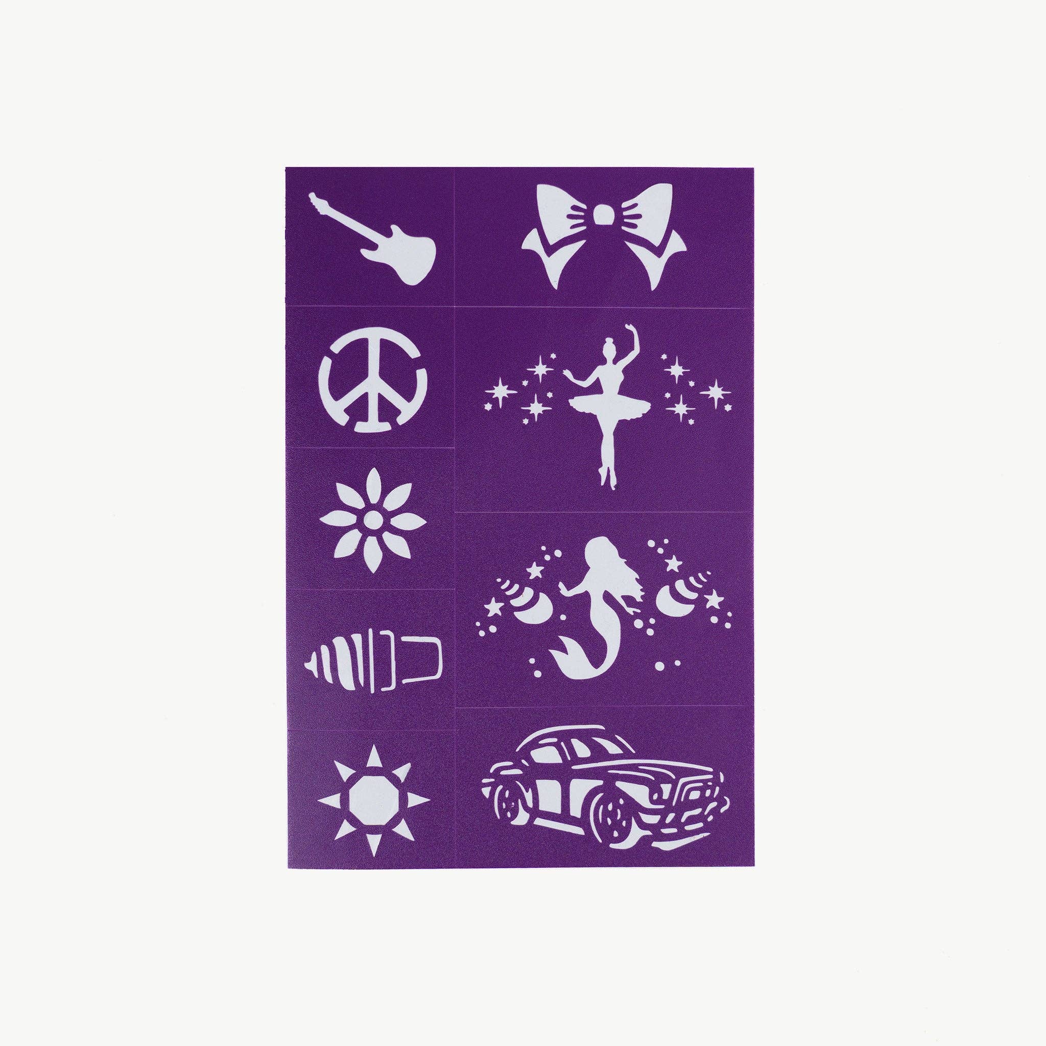Reusable adhesive face paint stencil by Oh Flossy in purple, showing a close-up of the stencil design on a white background.