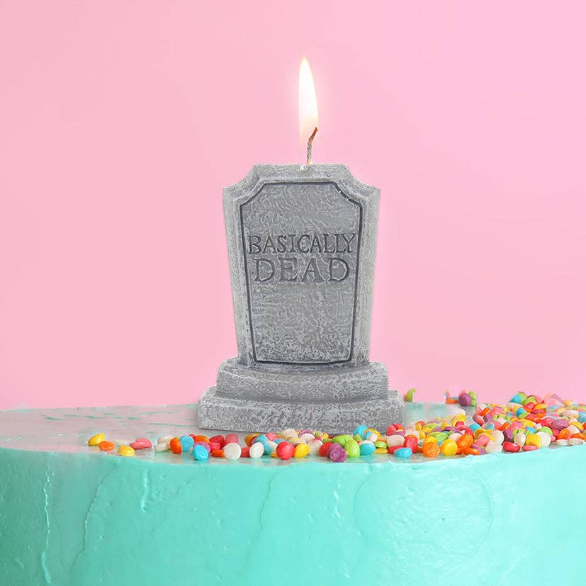 Gift Republic Basically Dead birthday candle with black and white design, suitable for fun celebrations and gift occasions.