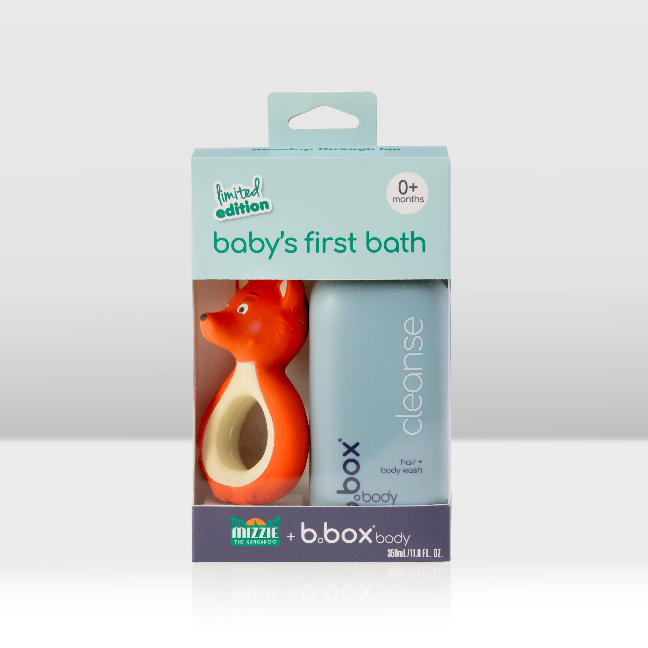 Mizzie the Kangaroo baby bath set featuring soft plush toy, gentle shampoo and bath accessories for infants, Australian brand.