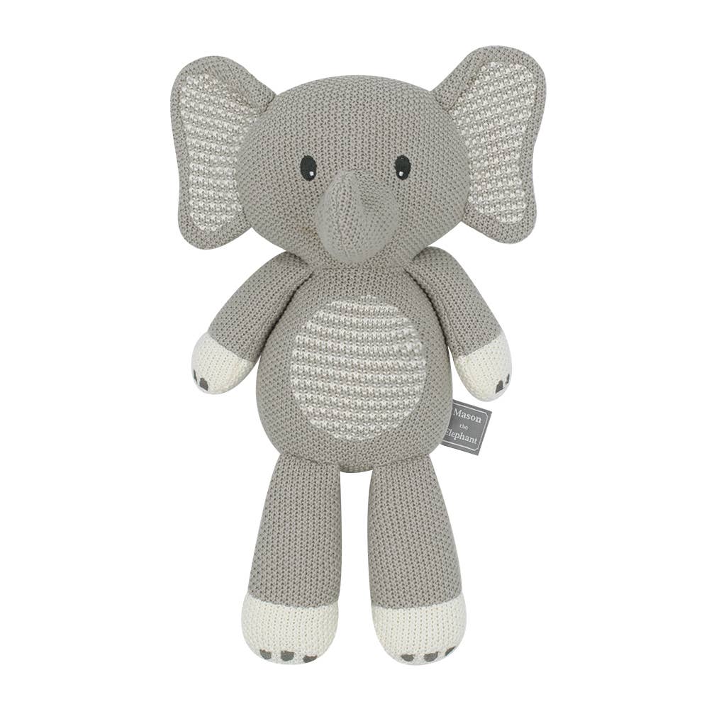 Living Textiles Mason the Elephant knitted toy, soft plush animal for children, featuring detailed embroidery and a friendly expression.