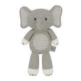 Living Textiles Mason the Elephant knitted toy, soft plush animal for children, featuring detailed embroidery and a friendly expression.