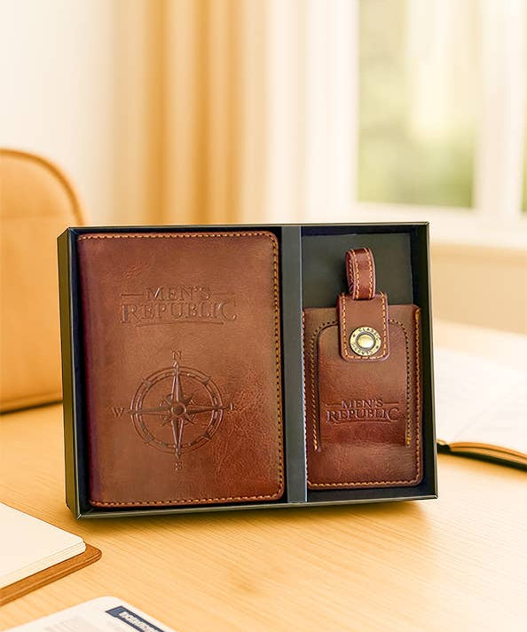Men's Republic travel wallet and luggage tag set with sleek design, featuring multiple compartments and clear ID window.