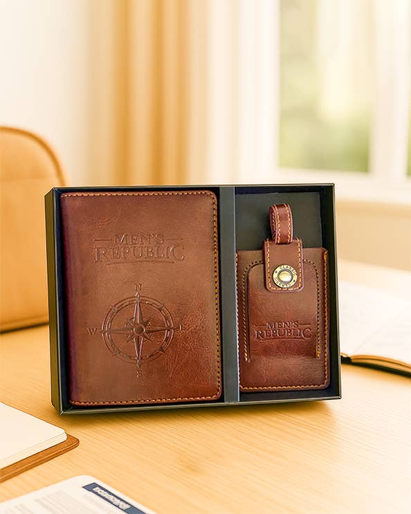 Men's Republic travel wallet and luggage tag set with sleek design, featuring multiple compartments and clear ID window.