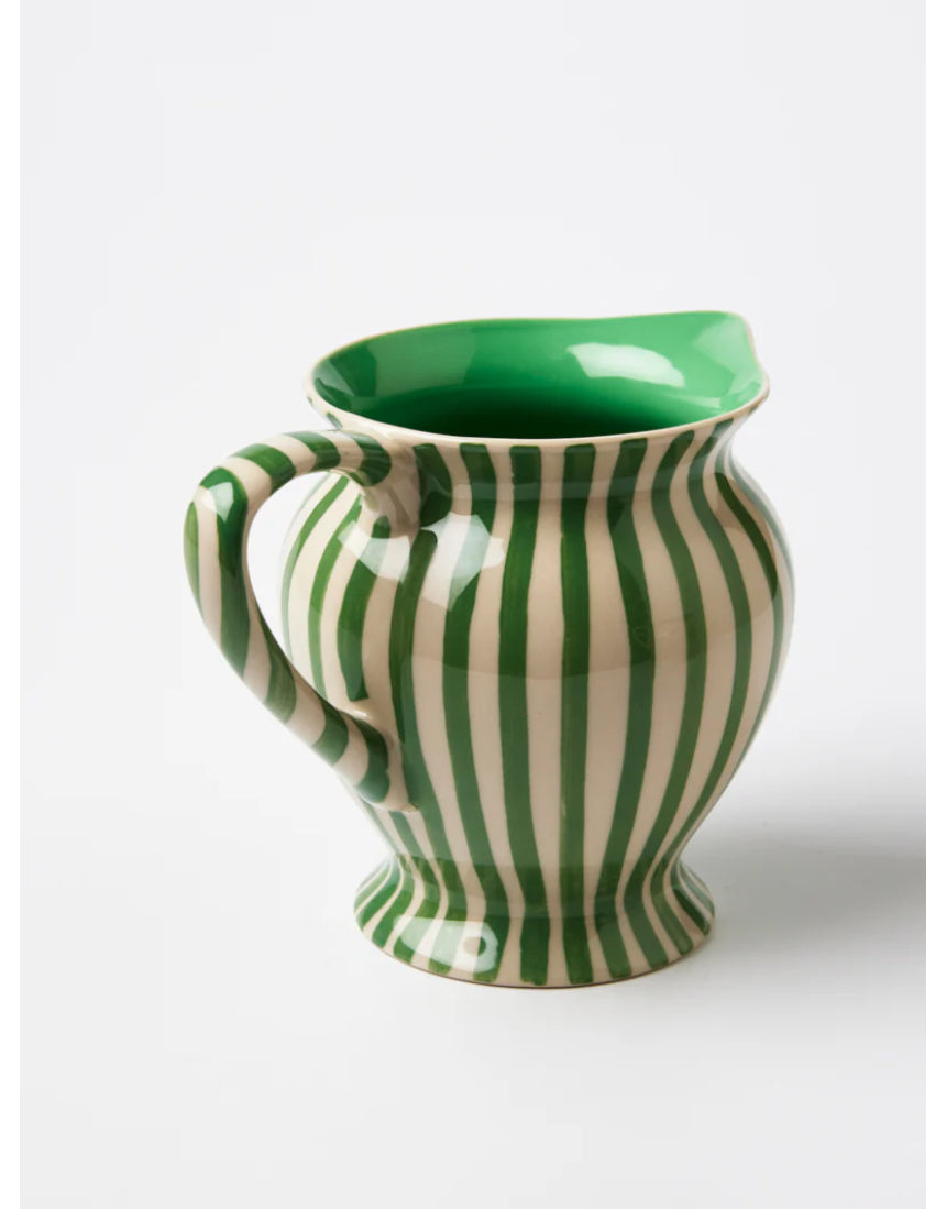 Jones & Co green stripe pitcher vase with a classic design, featuring a rounded body and narrow spout for floral arrangements.