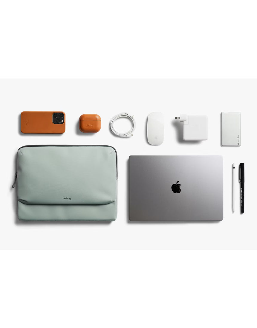 Bellroy 14-inch Laptop Caddy in Eucalyptus color showing the sleek exterior with compartments for organizing laptop accessories.