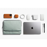 Bellroy 14-inch Laptop Caddy in Eucalyptus color showing the sleek exterior with compartments for organizing laptop accessories.