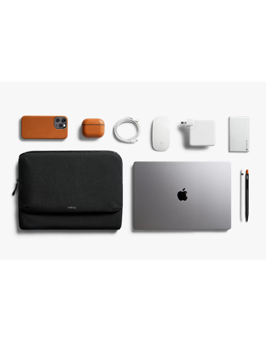 Bellroy 14-inch black laptop caddy with handle and multiple compartments for organizing accessories and documents.