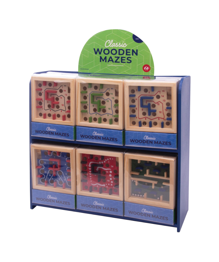 Assorted classic wooden maze game by isAlbi with colorful, hand-crafted wooden maze puzzles for children and adults.