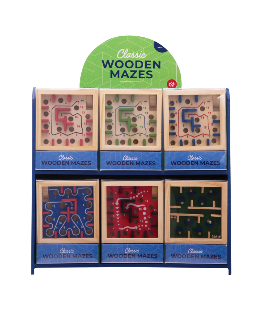 Assorted classic wooden maze games by isAlbi with colorful twisting paths for kids and adults to solve and enjoy.