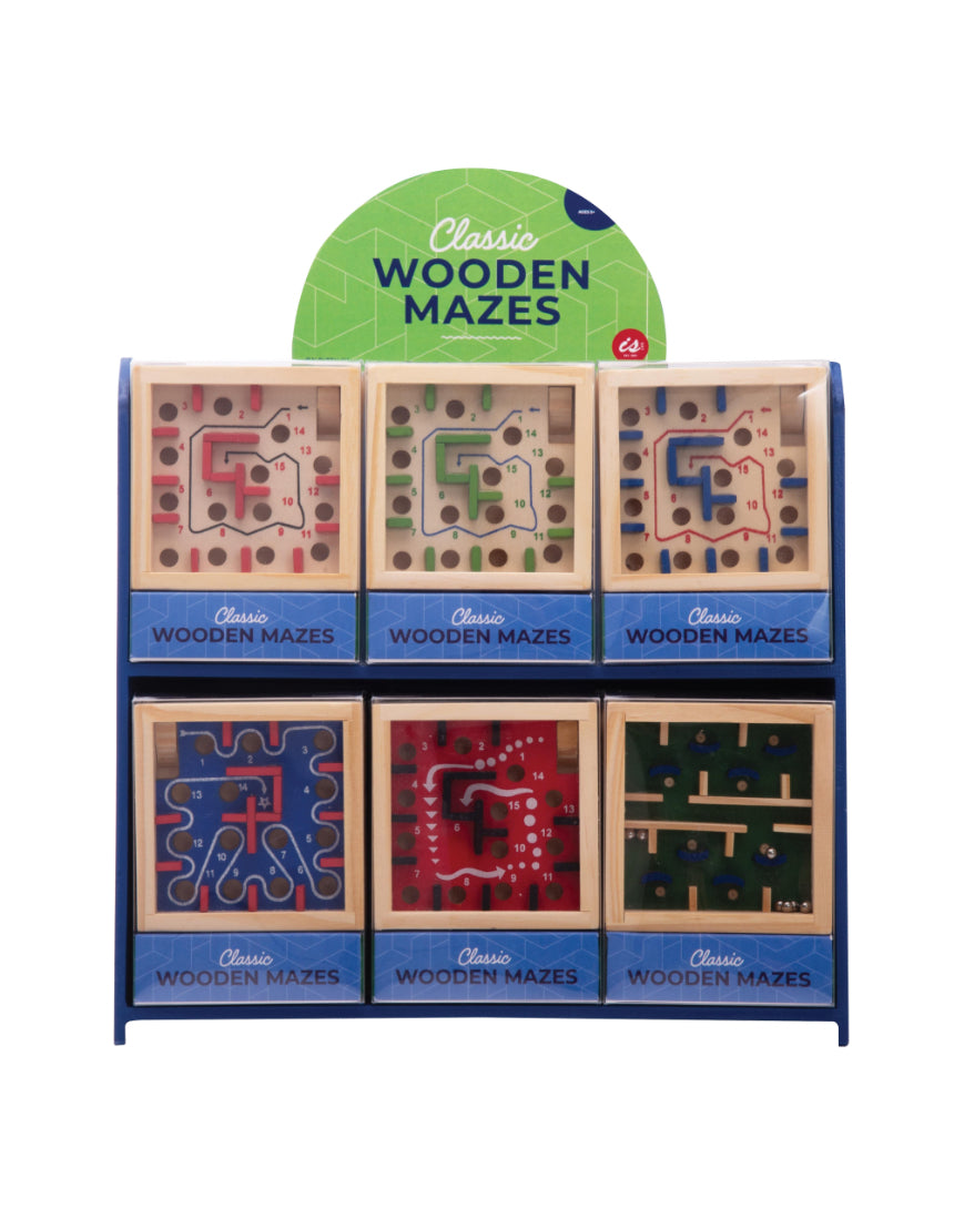 Assorted classic wooden maze games by isAlbi with colorful twisting paths for kids and adults to solve and enjoy.