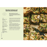 Open baking book titled "The Pistachio Lover's Baking Book" by Brumby Sunstate, showcasing pistachio dessert recipes and colorful pages.