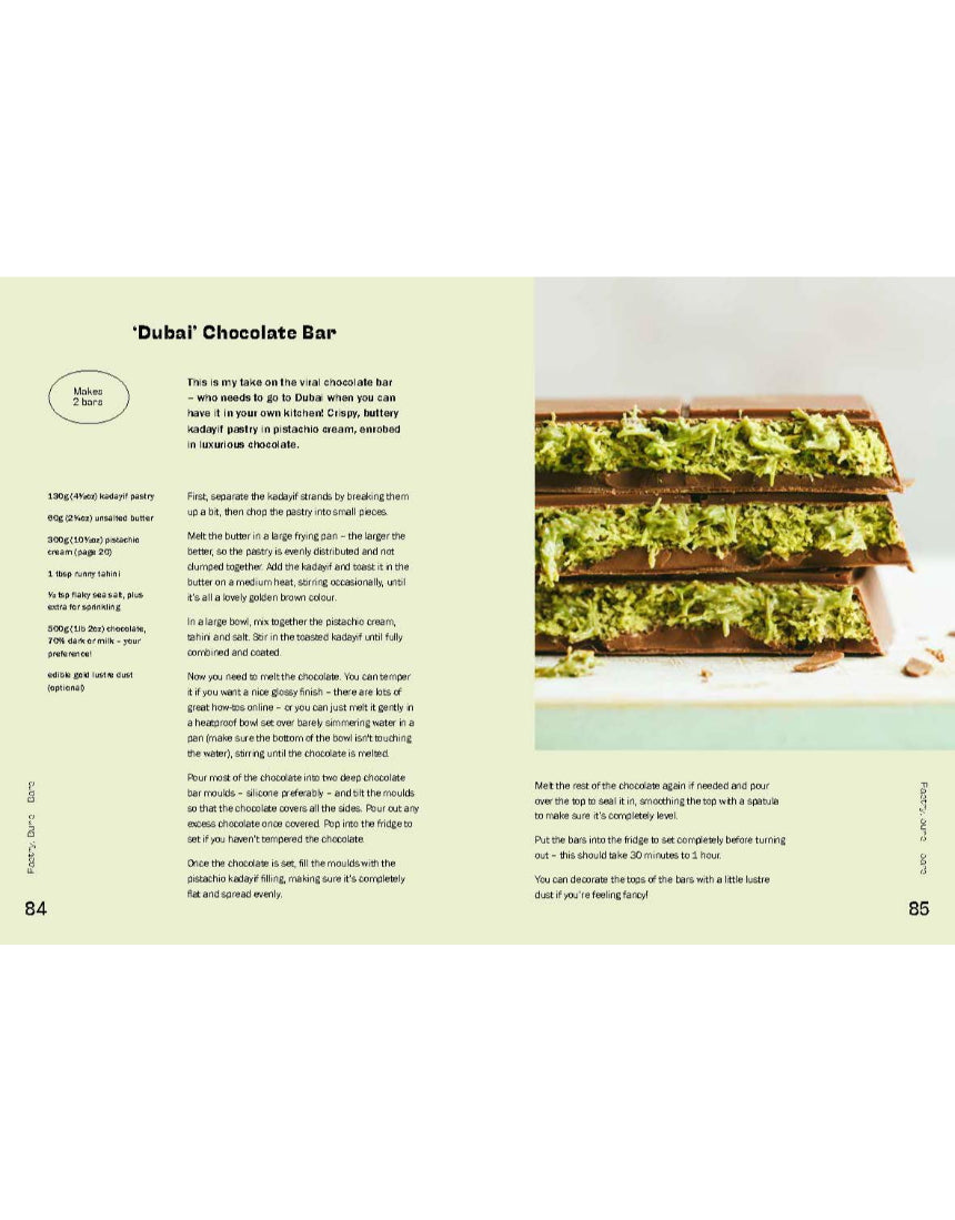 Open baking book with pistachio recipes from Brumby Sunstate, featuring colorful pages and pistachio-themed illustrations.