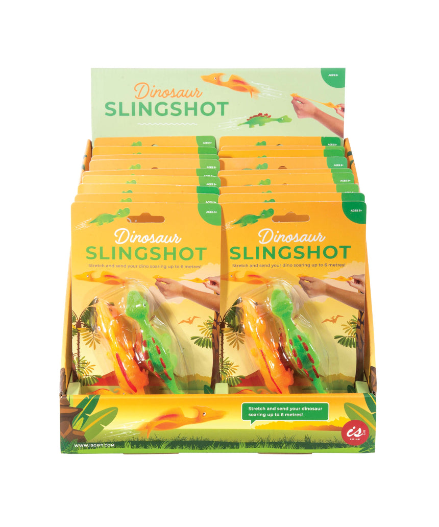 Colorful dinosaur slingshot set by isAlbi featuring two assorted toy slingshots with dinosaur designs for kids.
