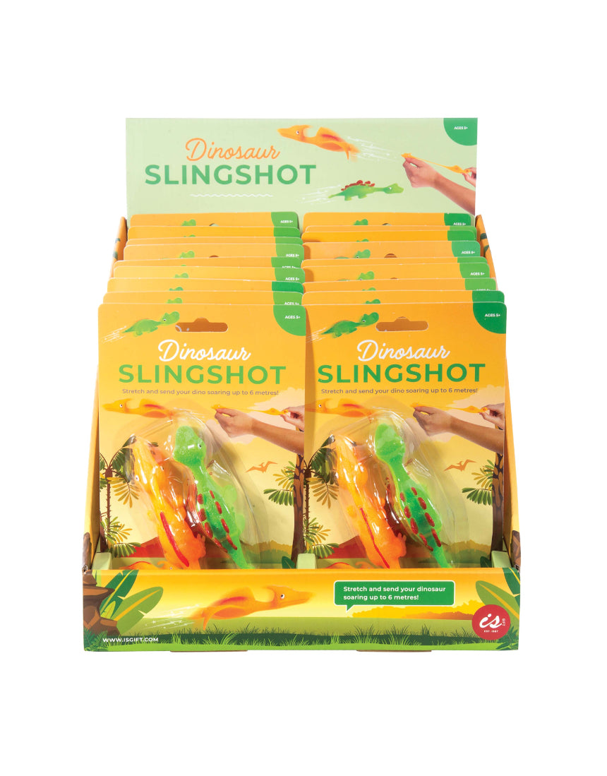 Colorful dinosaur slingshot set by isAlbi featuring two assorted toy slingshots with dinosaur designs for kids.