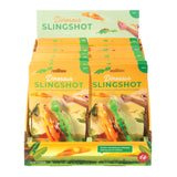 Colorful dinosaur slingshot set from isAlbi featuring two assorted toy slingshots with dinosaur designs for kids.