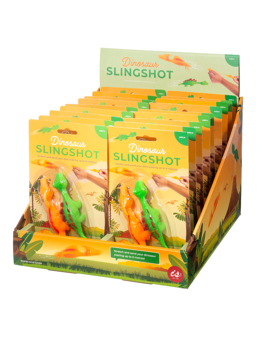 Colorful dinosaur slingshot set with two assorted toy slingshots from isAlbi, featuring playful dinosaur designs for kids.
