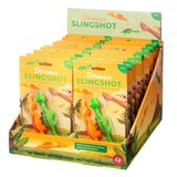 Colorful dinosaur slingshot set with two assorted toy slingshots from isAlbi, featuring playful dinosaur designs for kids.