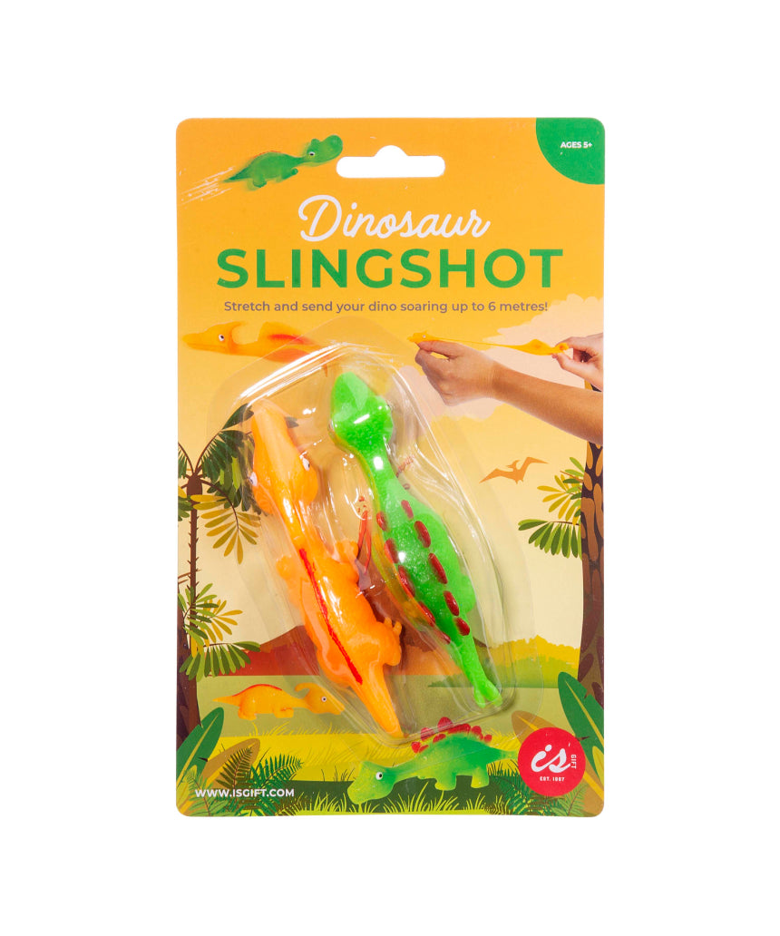 Colorful dinosaur slingshot set with two assorted toy slingshots and dinosaur designs by isAlbi for kids.