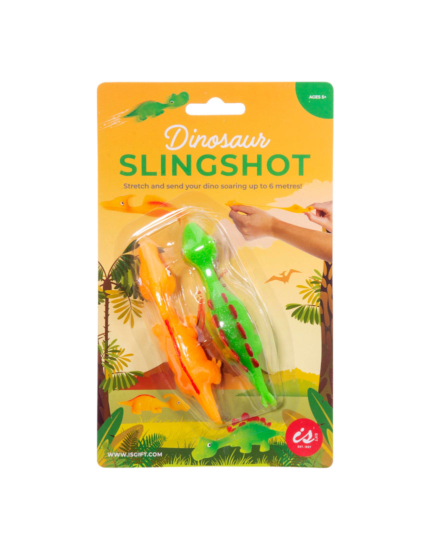 Colorful dinosaur slingshot set with two assorted toy slingshots and dinosaur designs by isAlbi for kids.